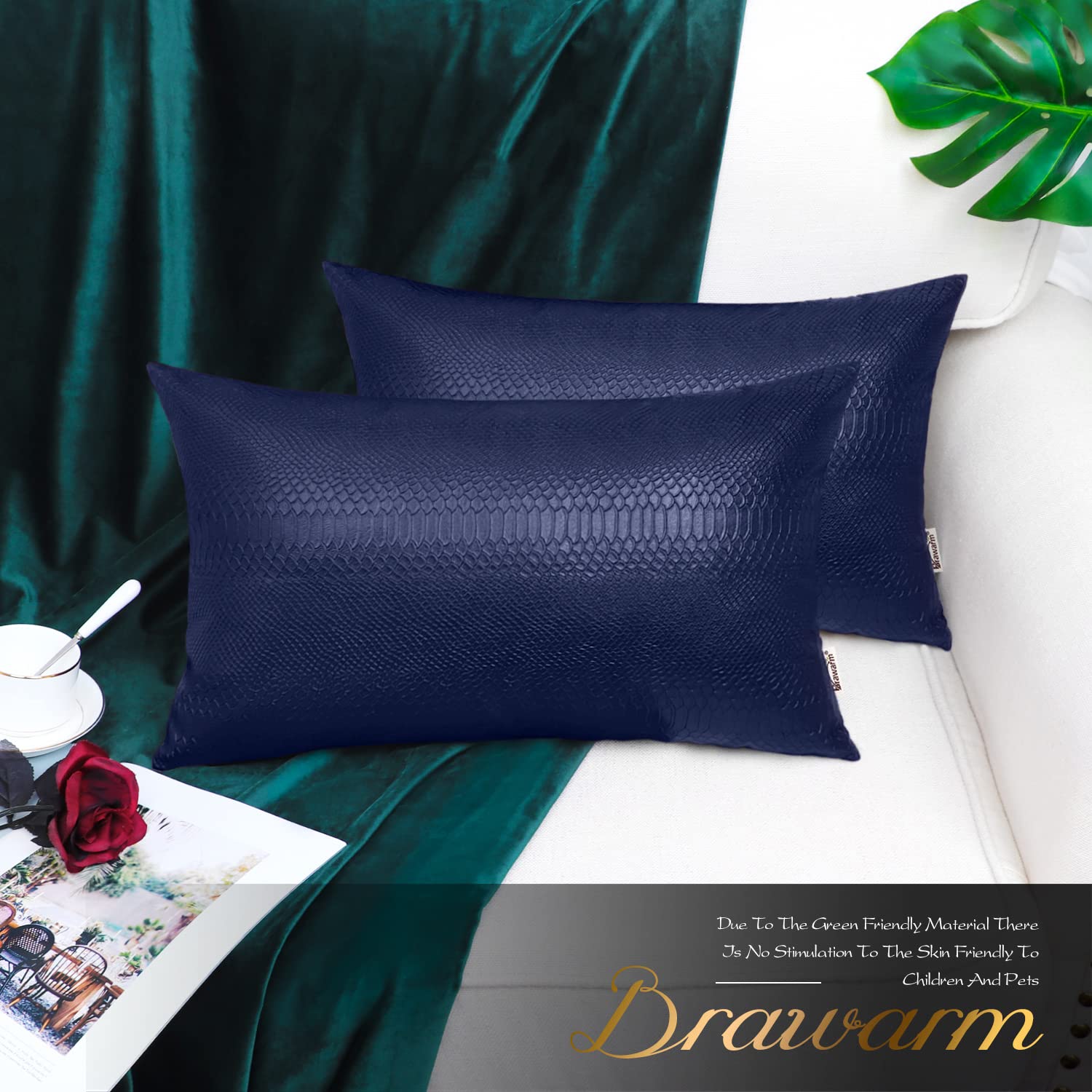 Brawarm Navy Blue Leather Throw Pillows 12 X 20 Inches, Snake Leather Pillow Covers Pack Of 2, Faux Leather Decorative Lumbar Pi